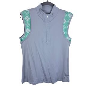 Sofibella Gray‎ Green Argyle Sleeveless 1/2 Zip Stretchy Mock Neck Golf Top Sz L